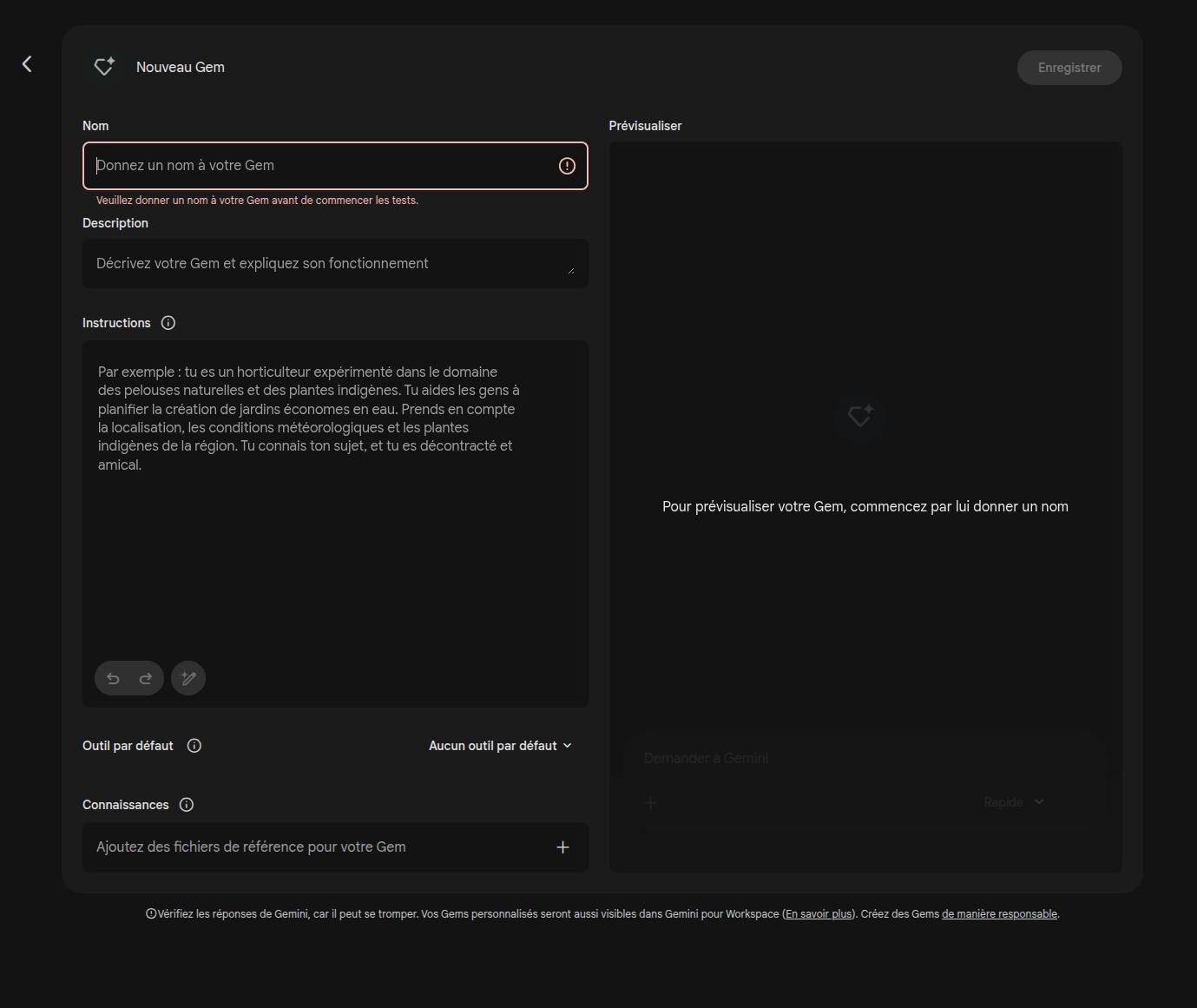 Interface de création d'un Gem Gemini